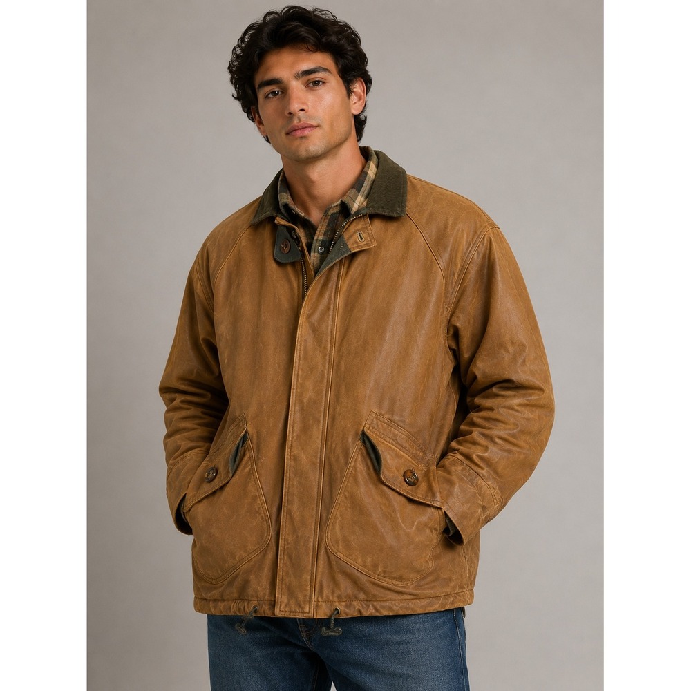 G-III Vintage Leather Field Jacket Mens Medium Tan Brown Plaid Lined Barn Coat